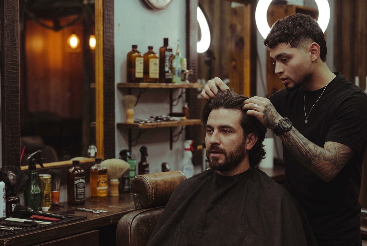 Barbero revisa el pelo de un cliente antes de cortar