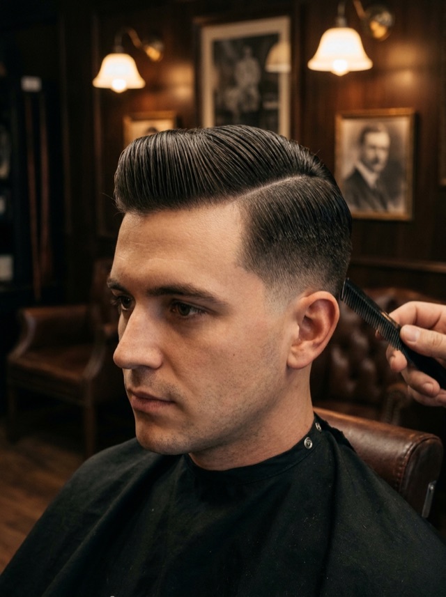 Hombre con pompadour peinado hacia atrás y laterales en degradé, sentado en un sillón de barbería