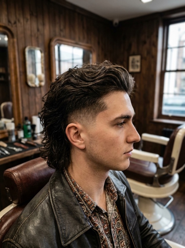 Perfil de un hombre con mullet texturizado, laterales rebajados y chaqueta de cuero