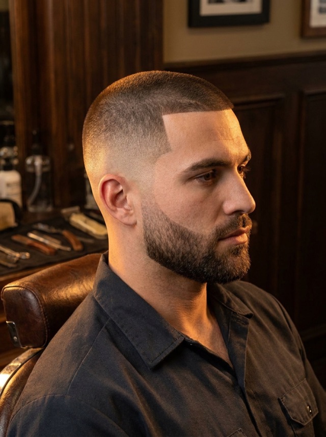 Perfil de un hombre con buzz cut, línea frontal marcada y barba corta