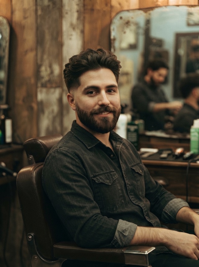 Hombre sonriente con volumen texturizado arriba, laterales cortos y barba media
