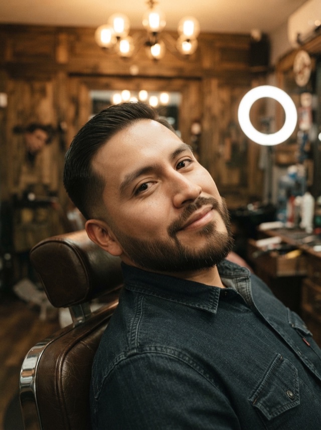 Hombre sonriente con barba media de contorno definido y pelo corto peinado