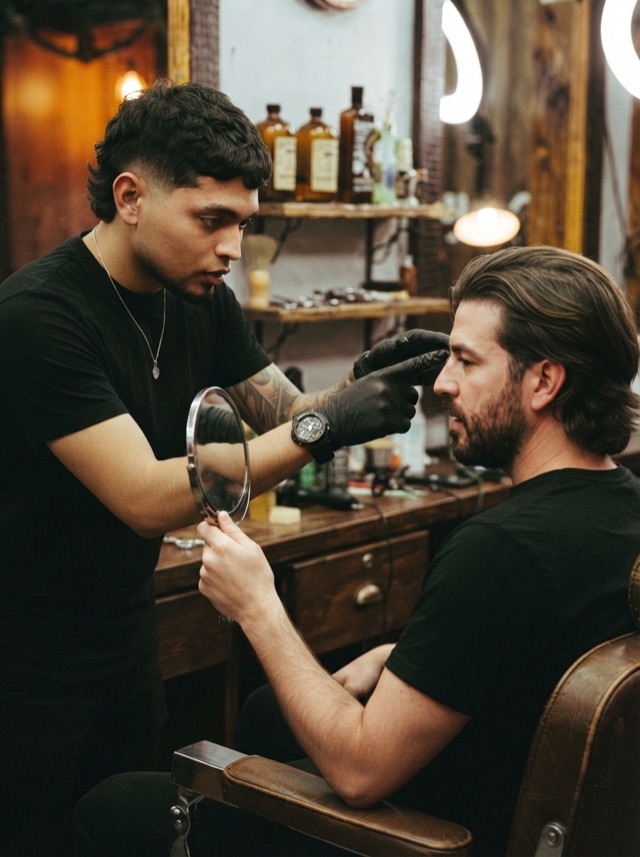 Barbero con guantes le muestra al cliente, con un espejo de mano, la línea de su barba