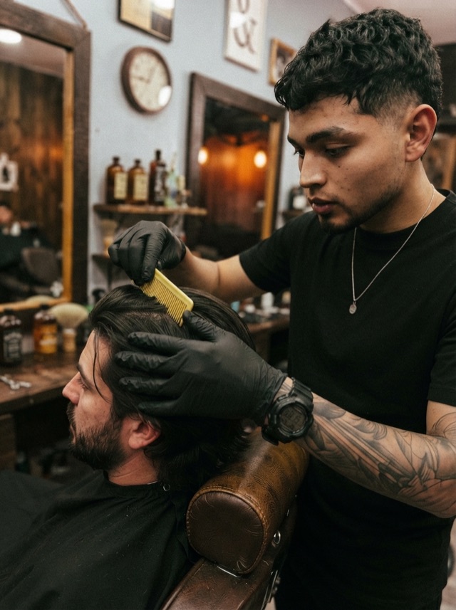 Barbero con guantes revisa con un peine el pelo y el cuero cabelludo del cliente