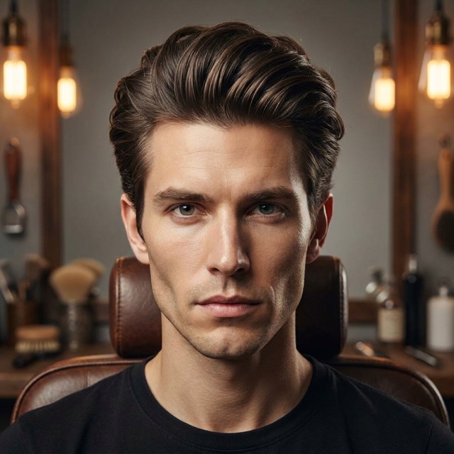Retrato de un hombre de rostro diamante con el pelo peinado hacia atrás y con volumen