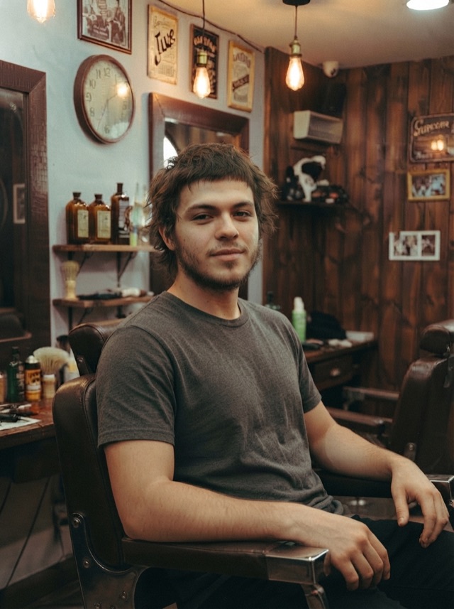 Cliente joven con el pelo largo y sin forma, sentado en el sillón antes del corte