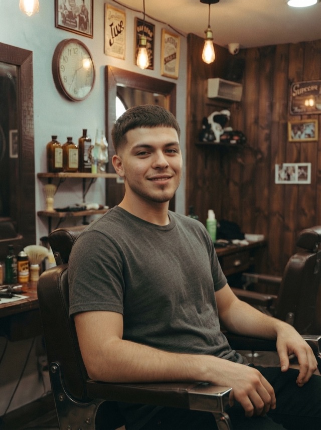 El mismo cliente con el pelo corto y ordenado, sonriendo en el sillón